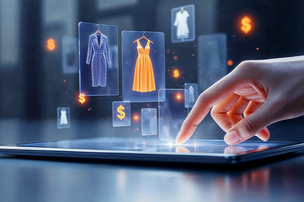 AI in eCommerce: A hand interacts with a futuristic digital shopping interface on a tablet.