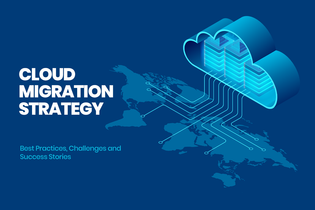 Cloud Migration Strategy concept with a digital cloud, data connections, and a world map background.