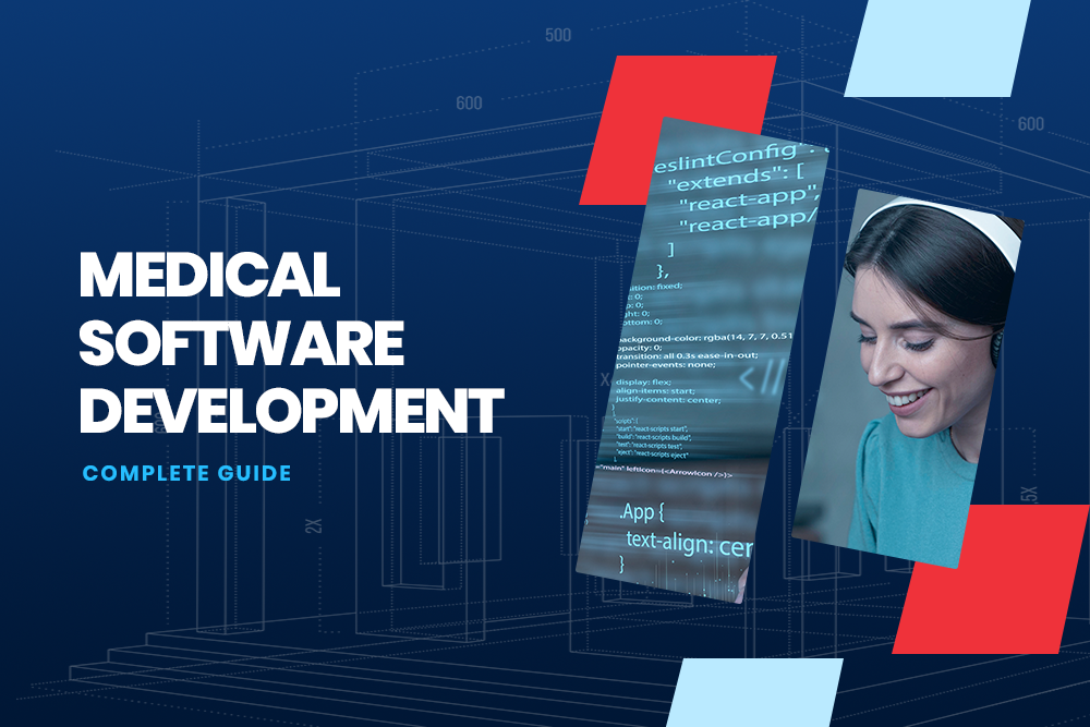 Medical software development guide with coding elements and a smiling woman in a headset.