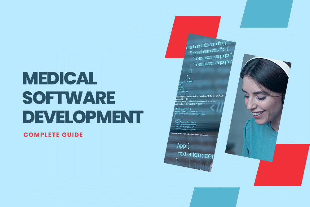 Medical software development concept with code and a smiling healthcare professional.