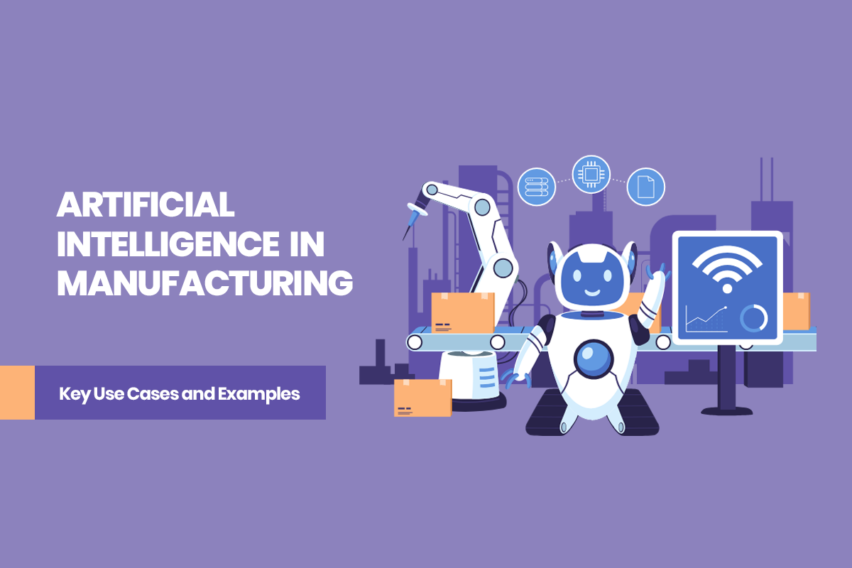 Illustration of AI in manufacturing featuring a robot, robotic arm, conveyor belt, and smart factory icons on a purple background.