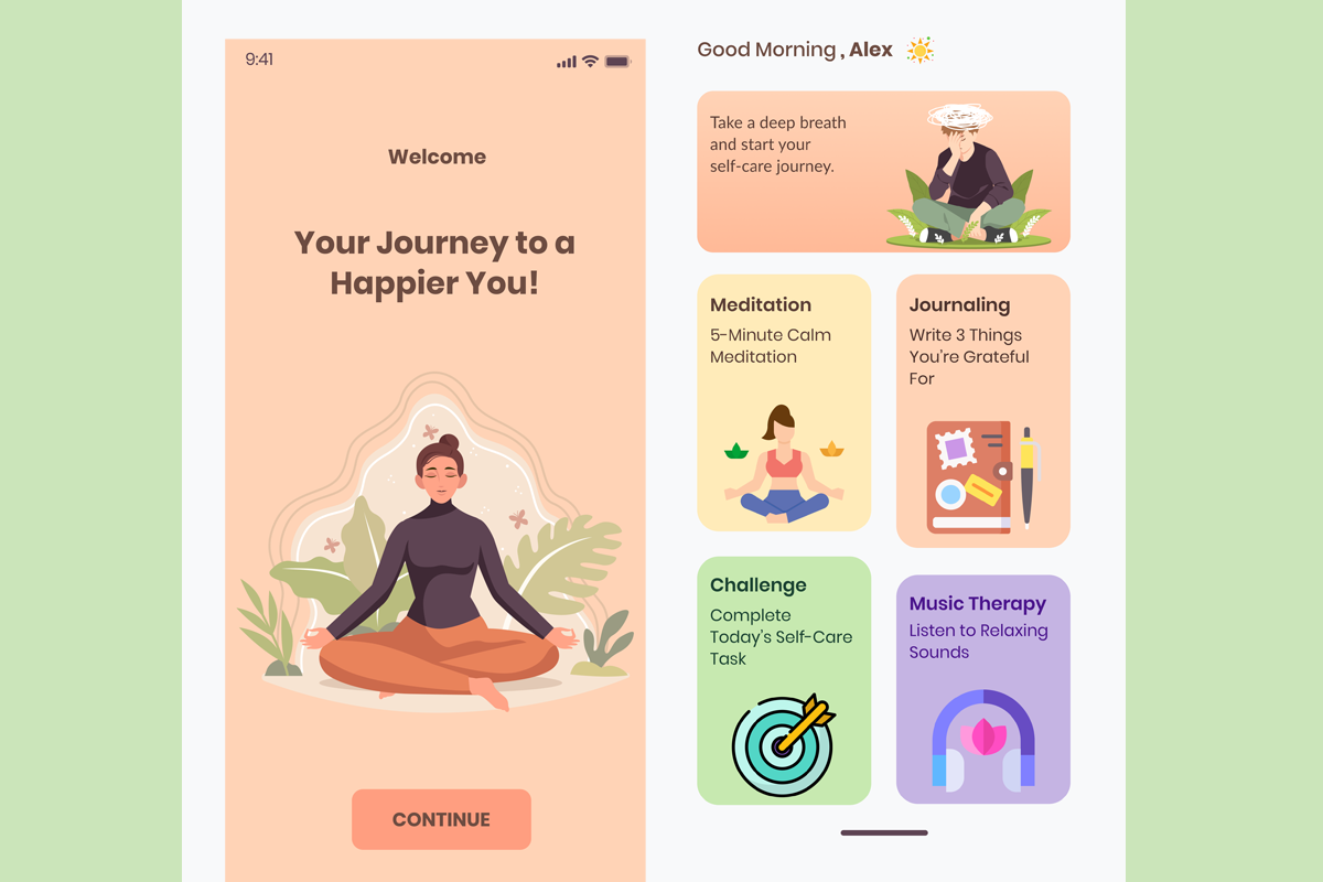 Self-care app interface showcasing meditation, journaling, and music therapy features, relevant to the cost to create a self-care app.