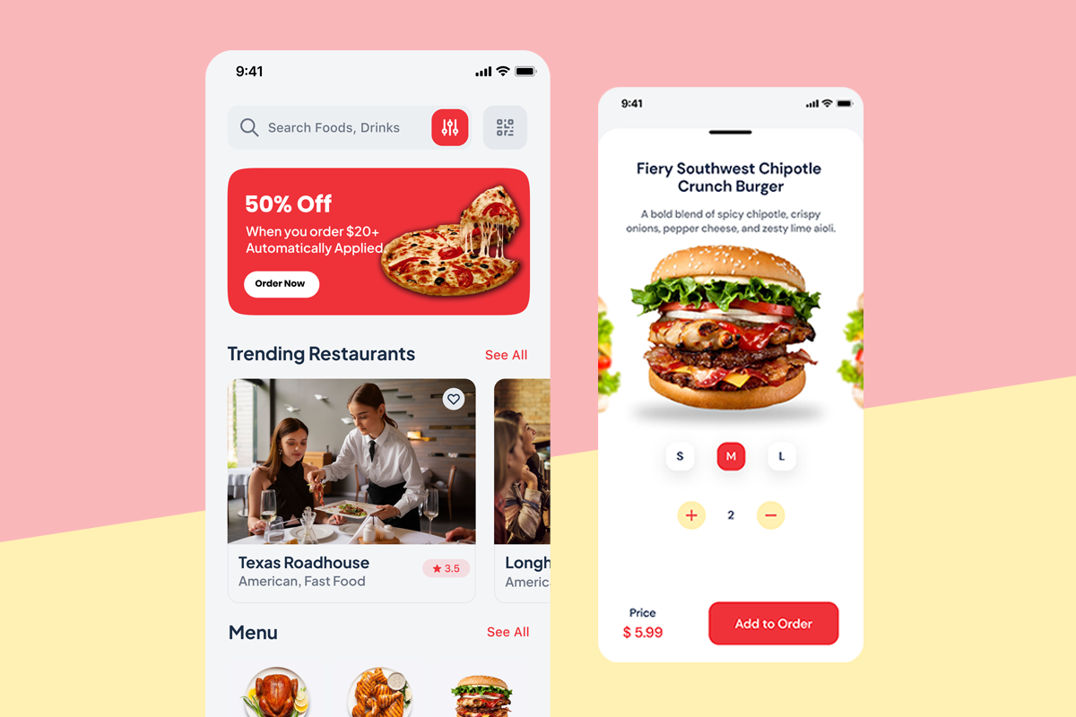 Mobile food delivery app UI showcasing restaurant listings, food discounts, and a detailed burger order screen.