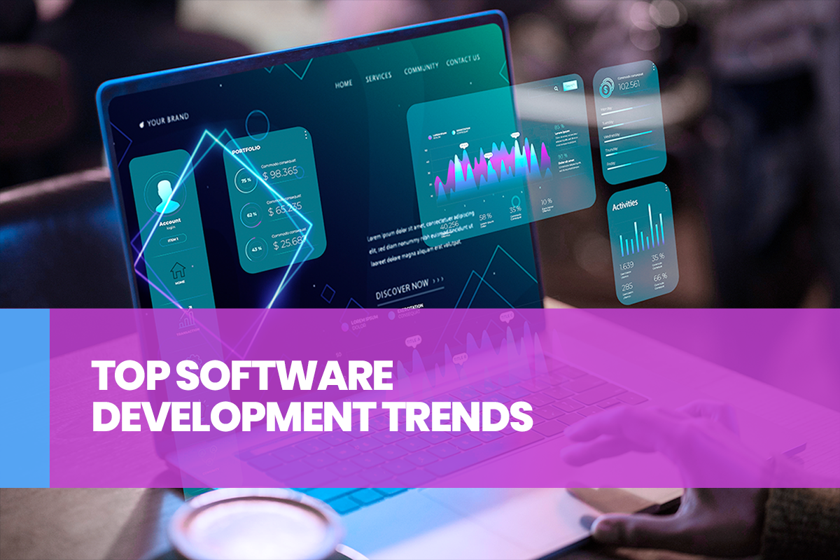 Futuristic laptop screen displaying software analytics with the text 'Top Software Development Trends'